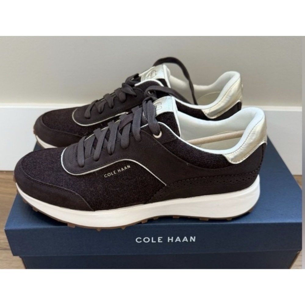 Cole Haan Grand Ambition Sport Oxford Brown Wool Suede Gold Metallic SZ 10.5